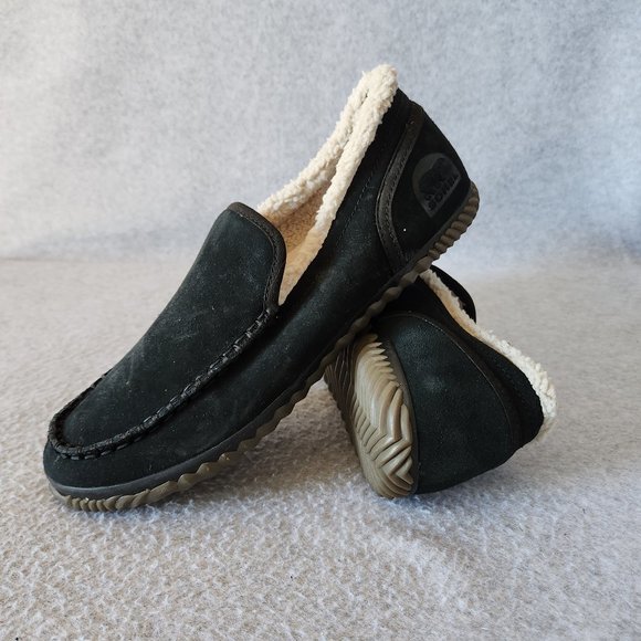 EUC Sorel Dude Moccasin Slipper Slip-On Black Suede Leather Wool Fleece Lining main image 6